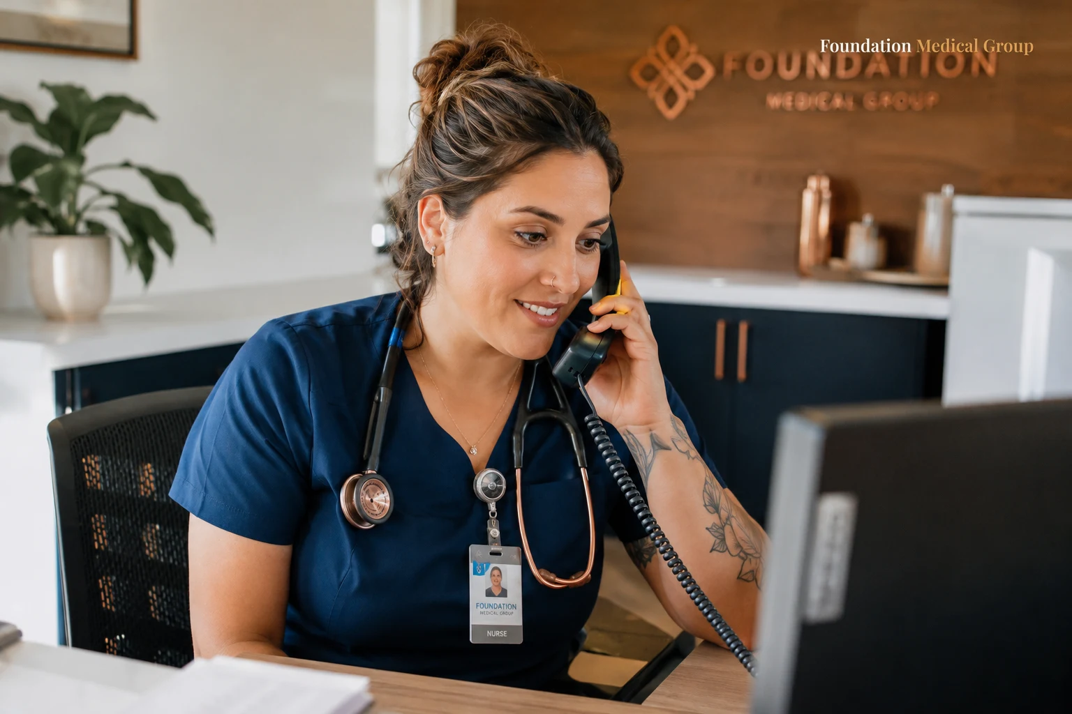 A caring nurse speaks warmly with a patient over a phone at a bright clinic desk, wearing a supportive, attentive expres