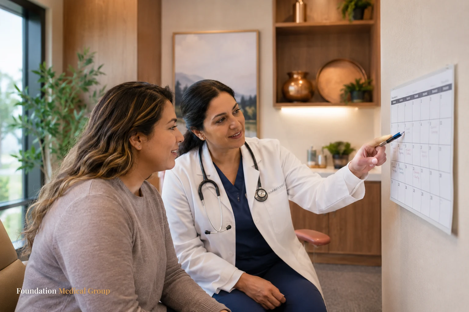 A doctor gently walks a hopeful patient through a simple wall calendar in a bright, calm exam room with warm wood tones
