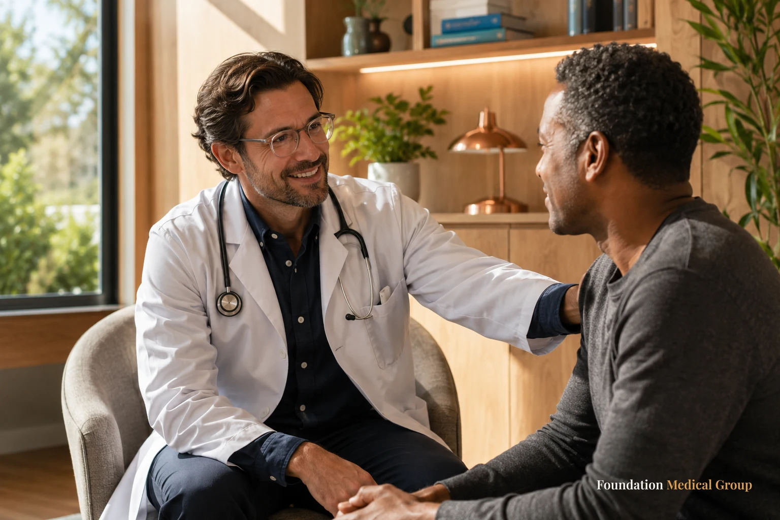 A compassionate physician places a reassuring hand near a relieved patient&rsquo;s shoulder during a warm, encouraging talk in