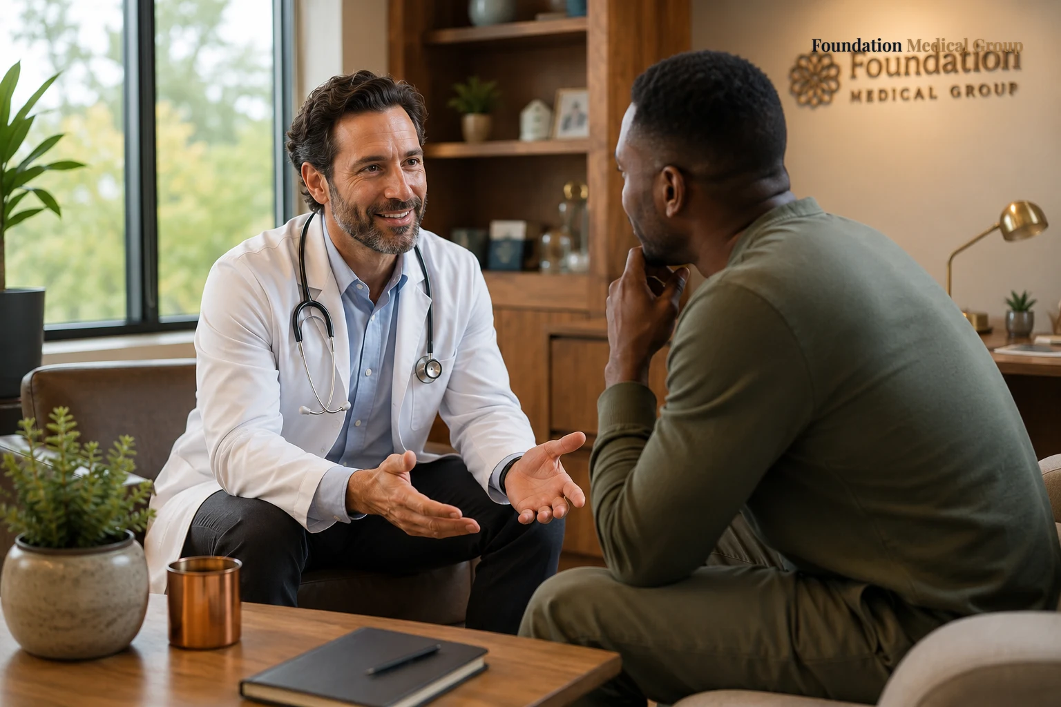 A doctor leans forward warmly, guiding a thoughtful patient through options with open hands in a bright, welcoming offic