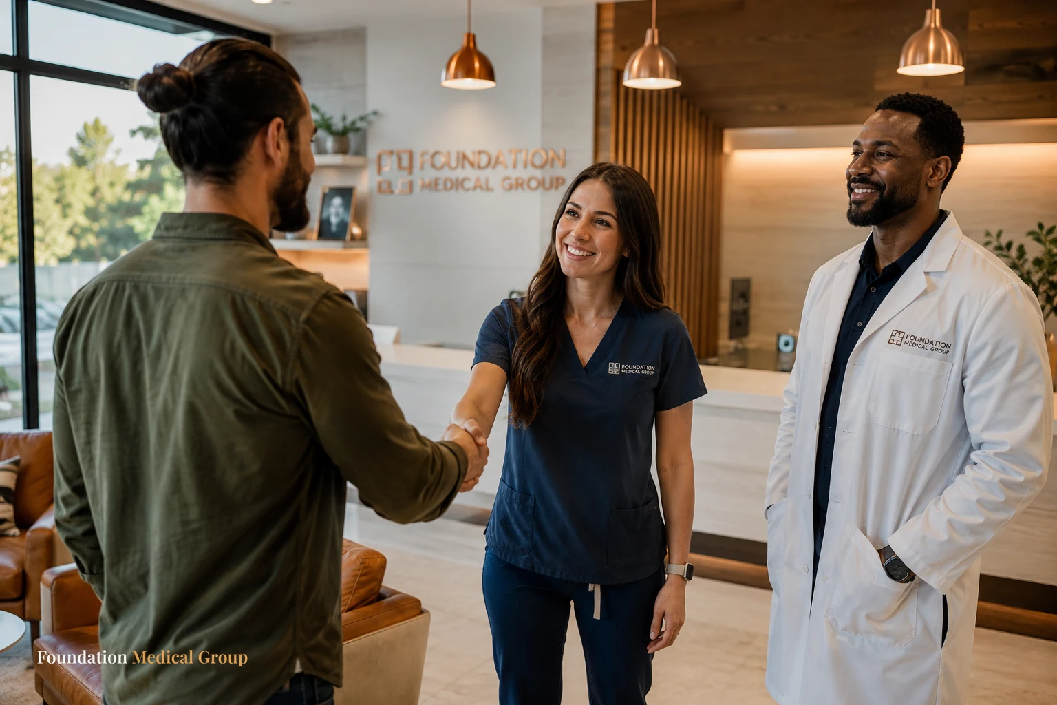 A friendly care team of two clinicians greets an arriving patient in a bright, modern clinic lobby with comfortable seat
