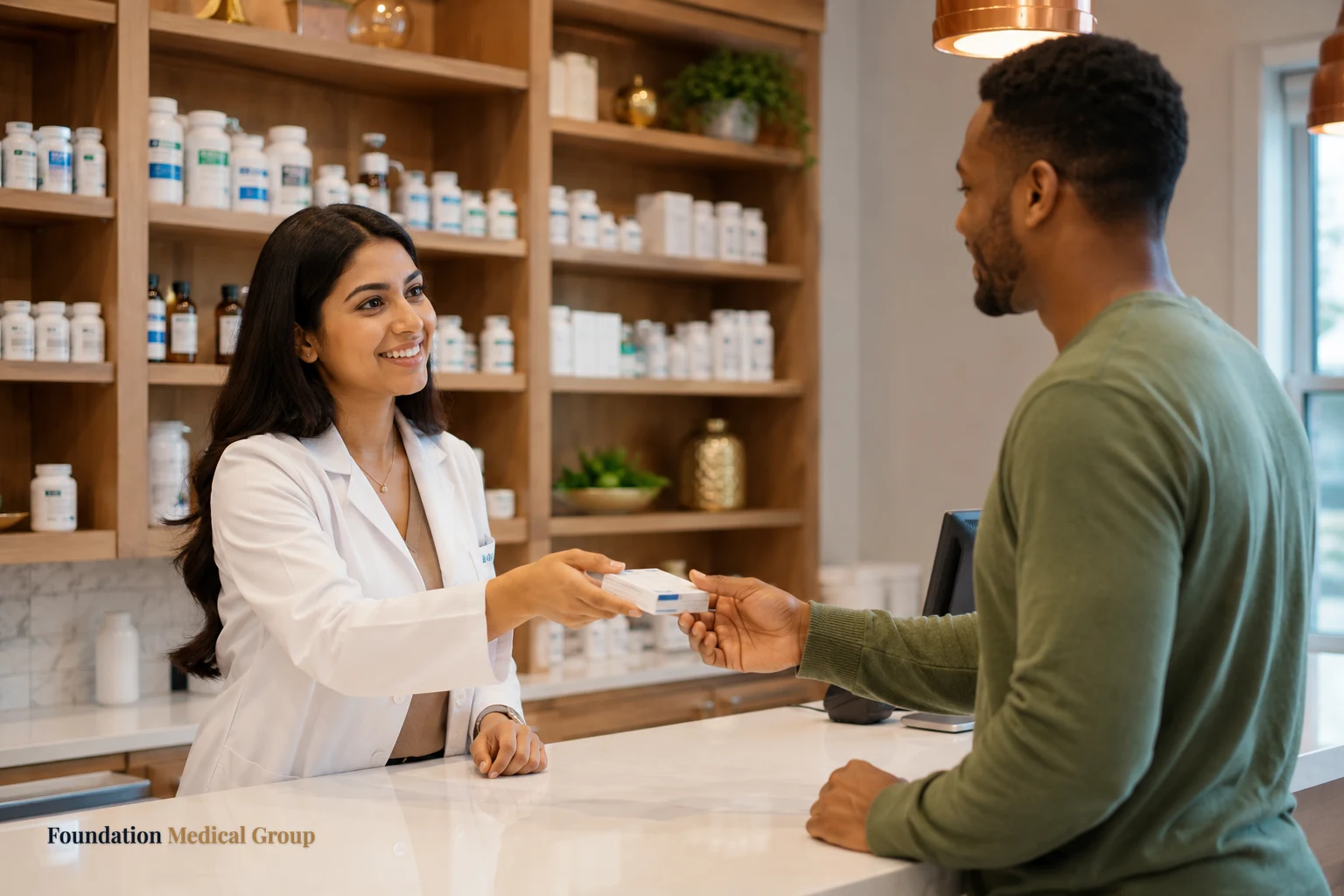 A caring pharmacist hands a small medication package to a smiling patient across a clean, bright pharmacy counter with w