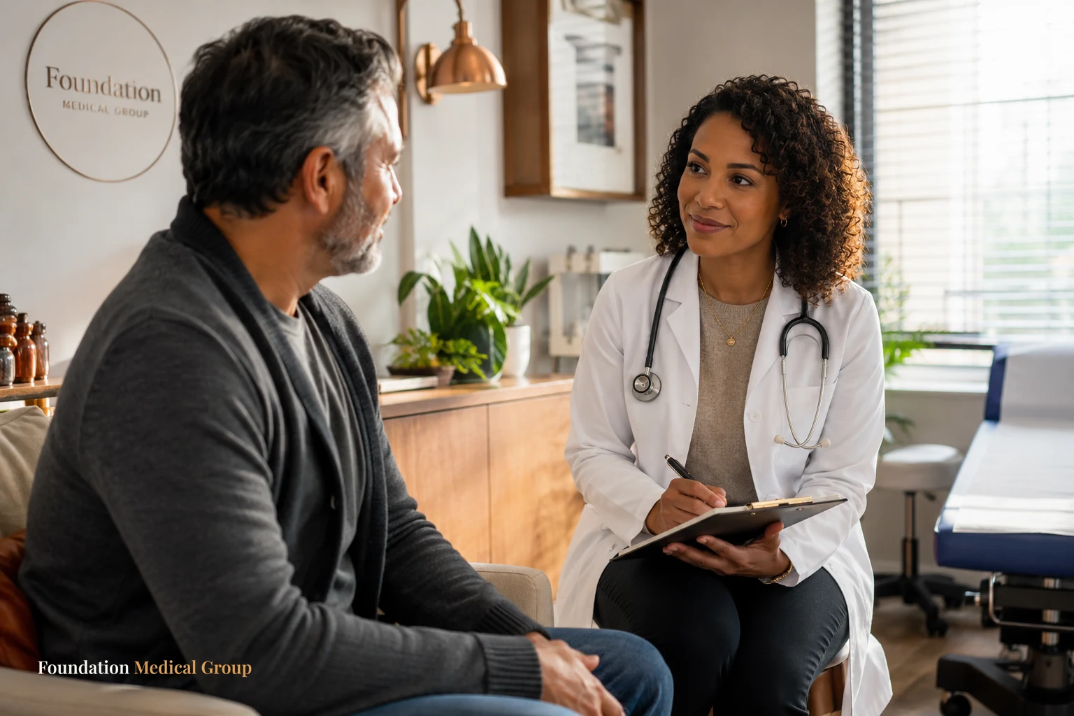 A caring doctor sits attentively with a patient in a sunlit exam room, listening closely and taking gentle notes with an
