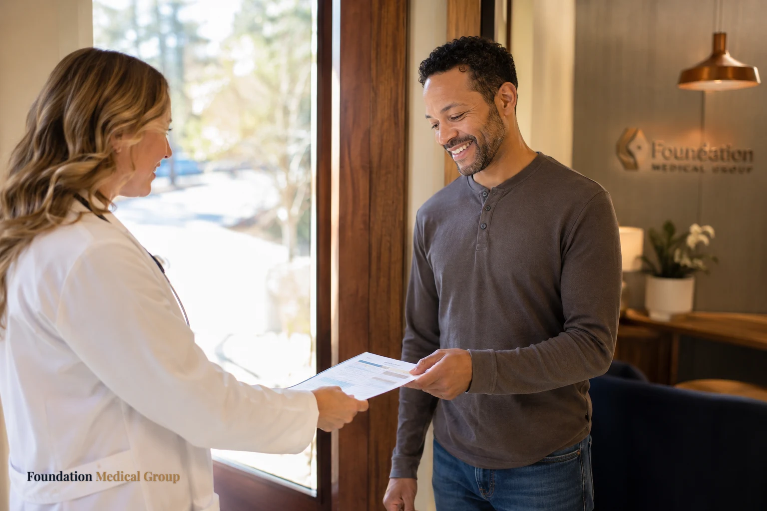 A physician hands a relieved, smiling patient a simple printed care plan near the clinic doorway as warm daylight stream