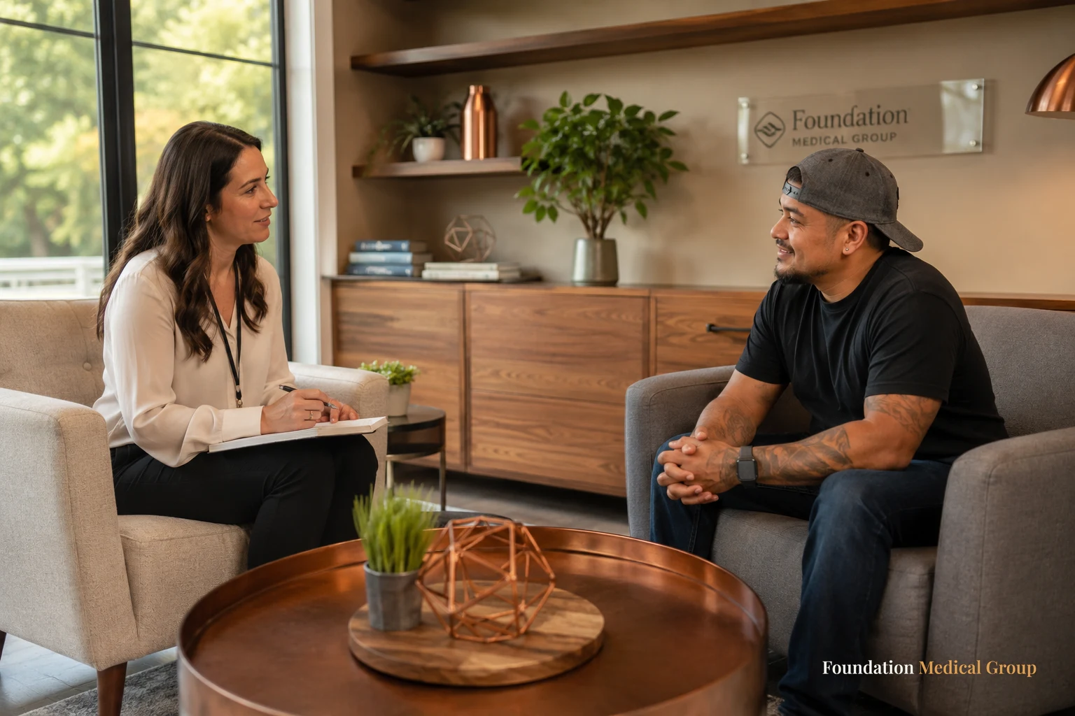 A compassionate counselor and a patient talk gently in comfortable armchairs in a cozy, sunlit office, both engaged and