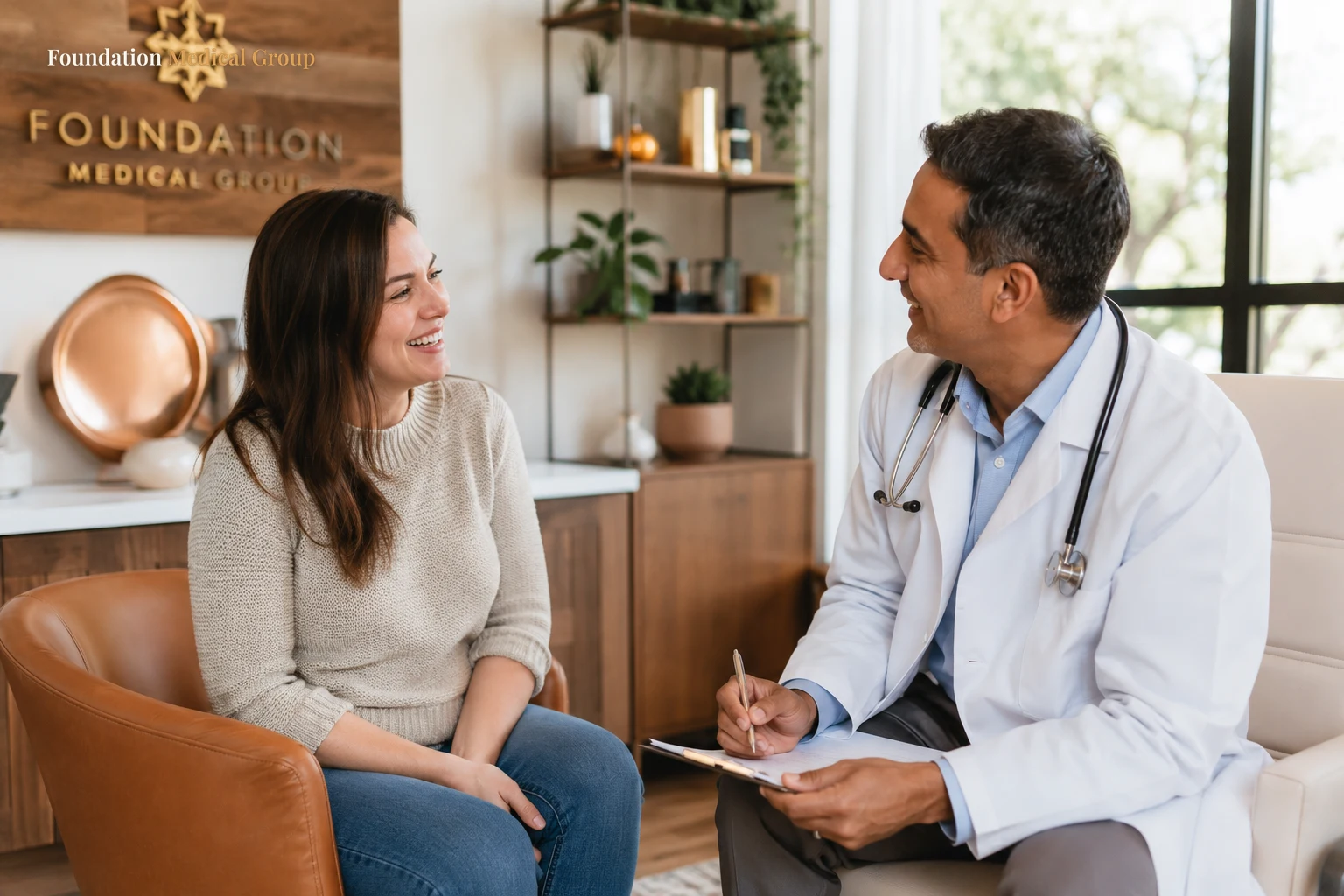 A cheerful patient in everyday clothes smiles confidently while chatting with a supportive doctor in a bright, modern cl