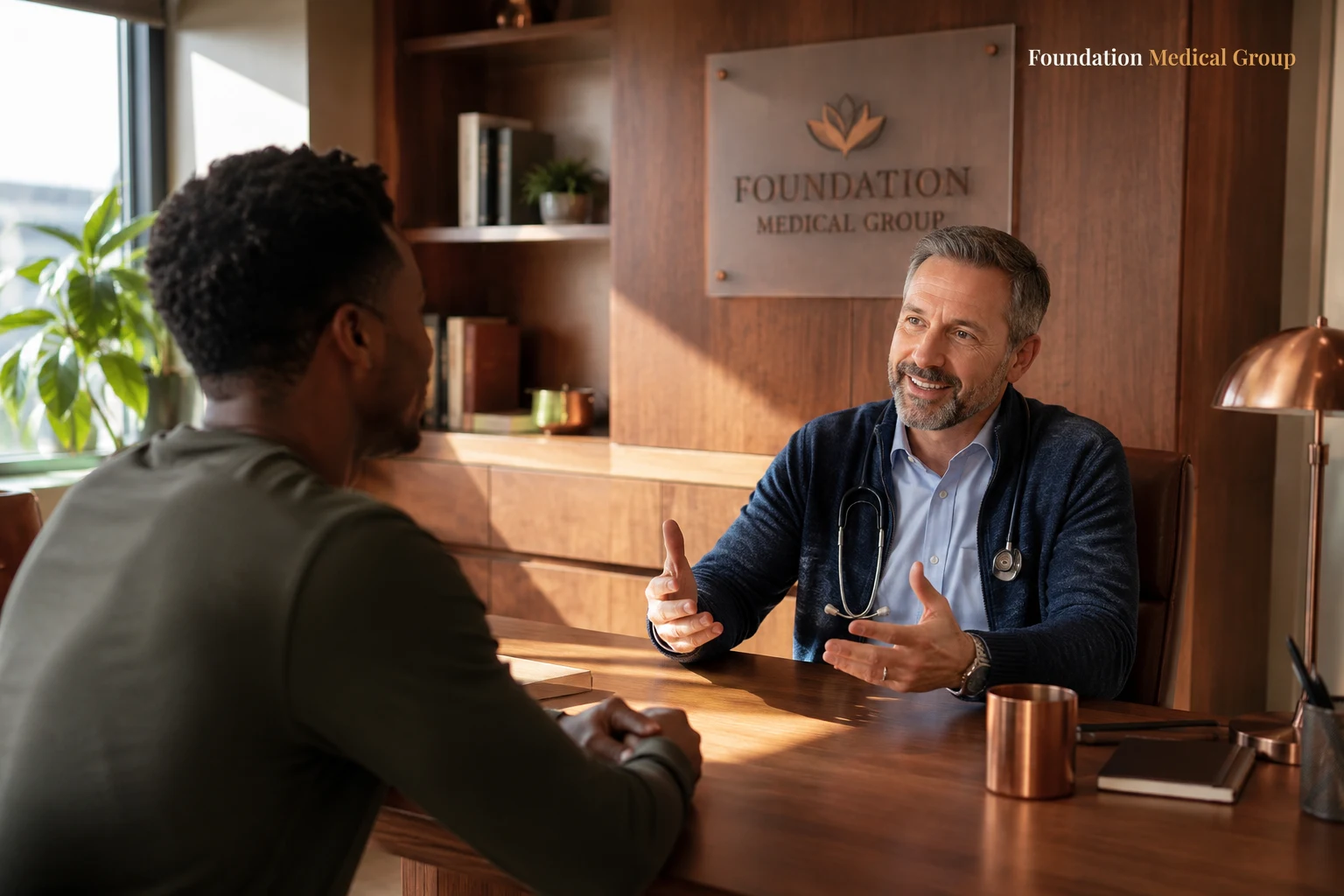 A caring physician gestures warmly while explaining recovery to an attentive patient across a sunlit wood desk with copp