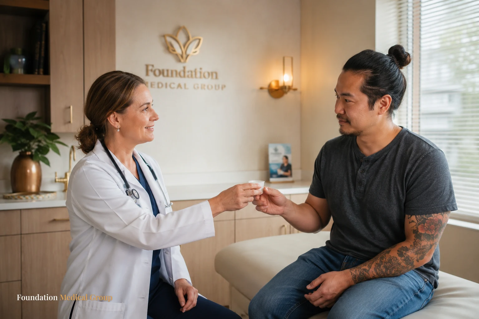 A gentle doctor offers a small medication cup to a calm, trusting patient seated on an exam table in a sunlit, welcoming
