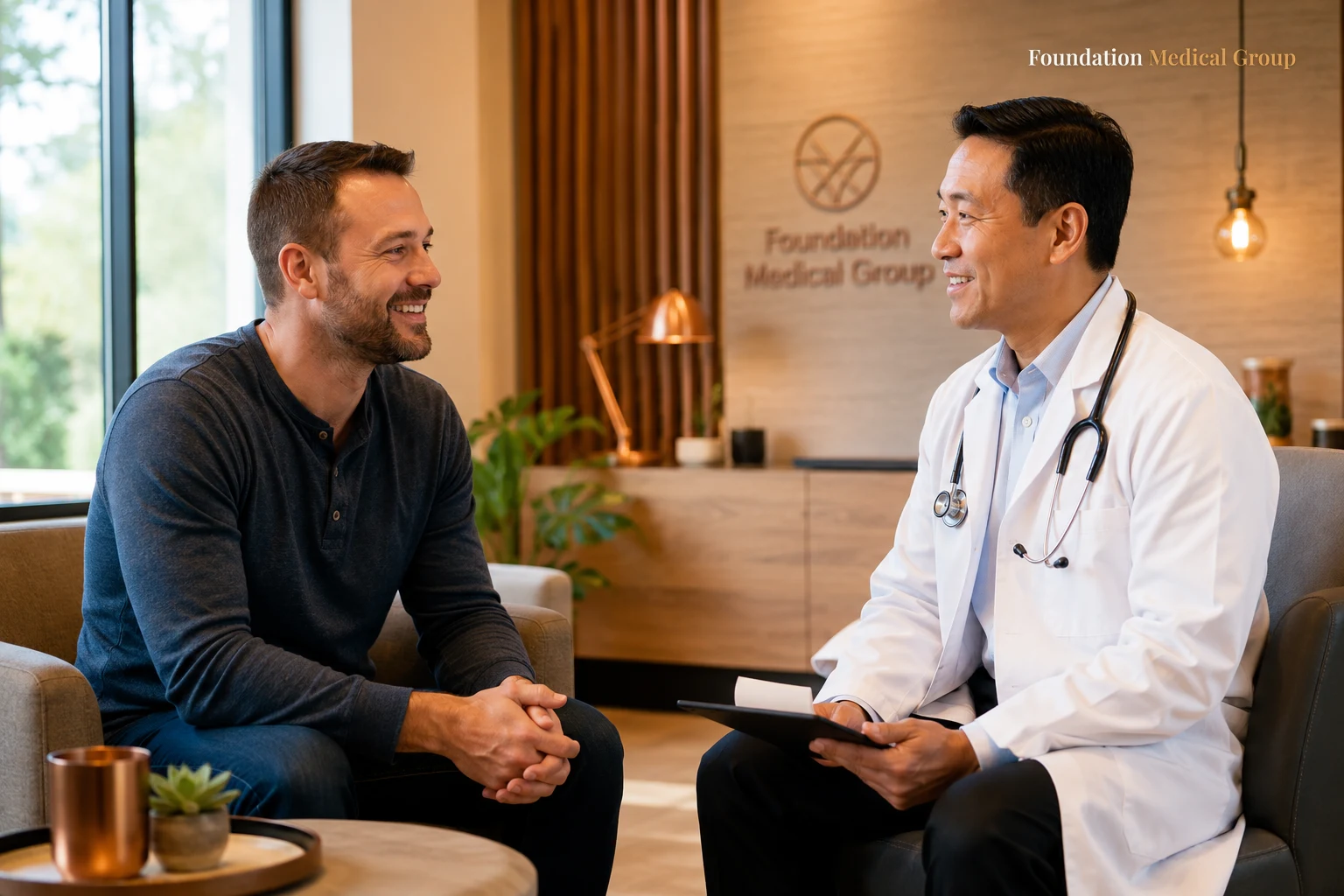 A visibly relieved patient smiles alongside a caring physician who nods warmly during a follow-up chat in a bright, hope