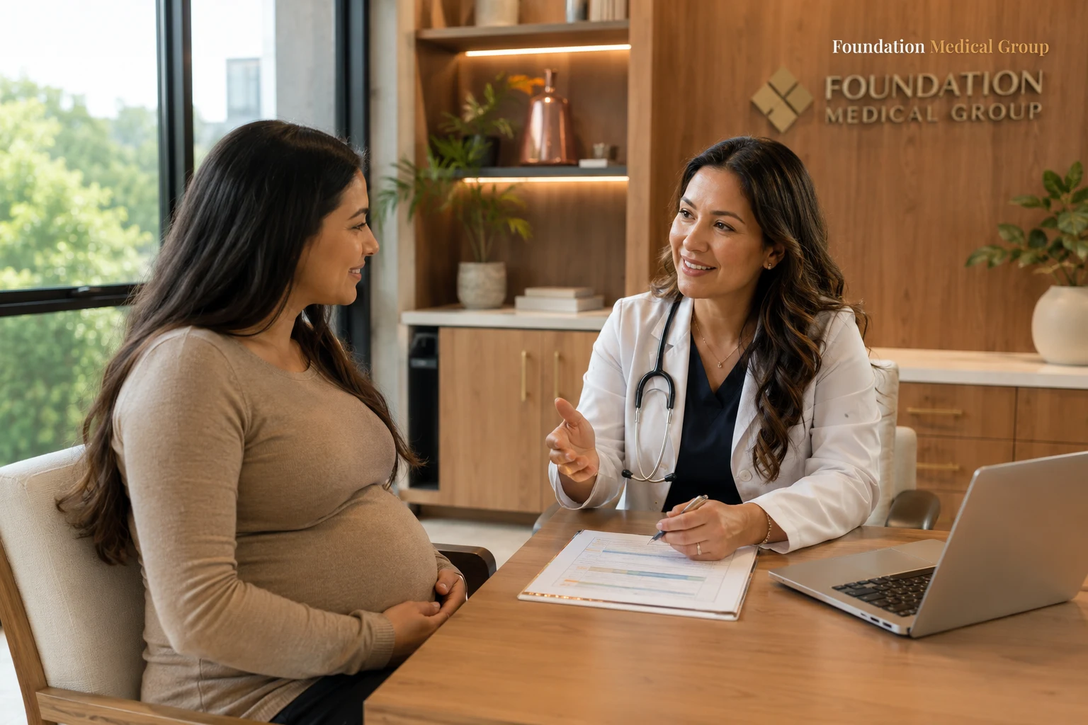 A caring doctor and a pregnant patient review care plans together at a sunlit desk, the physician gesturing reassuringly