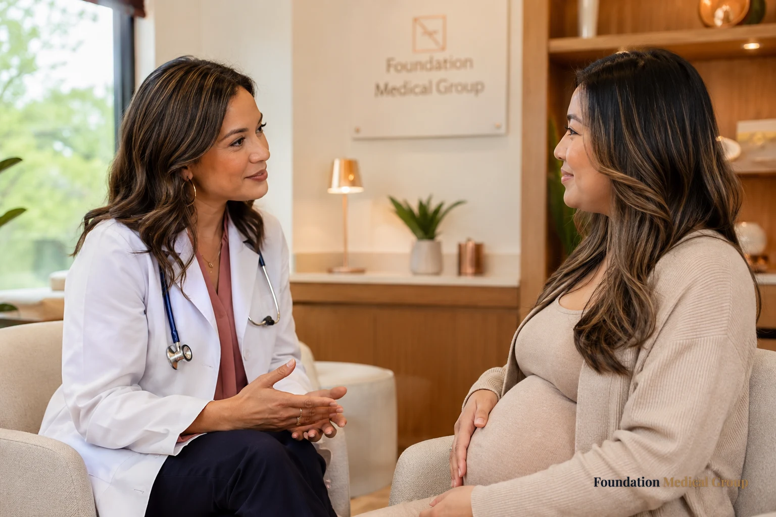 A compassionate physician sits knee-to-knee with an expectant mother in a soft, warmly lit room, offering calm and carin