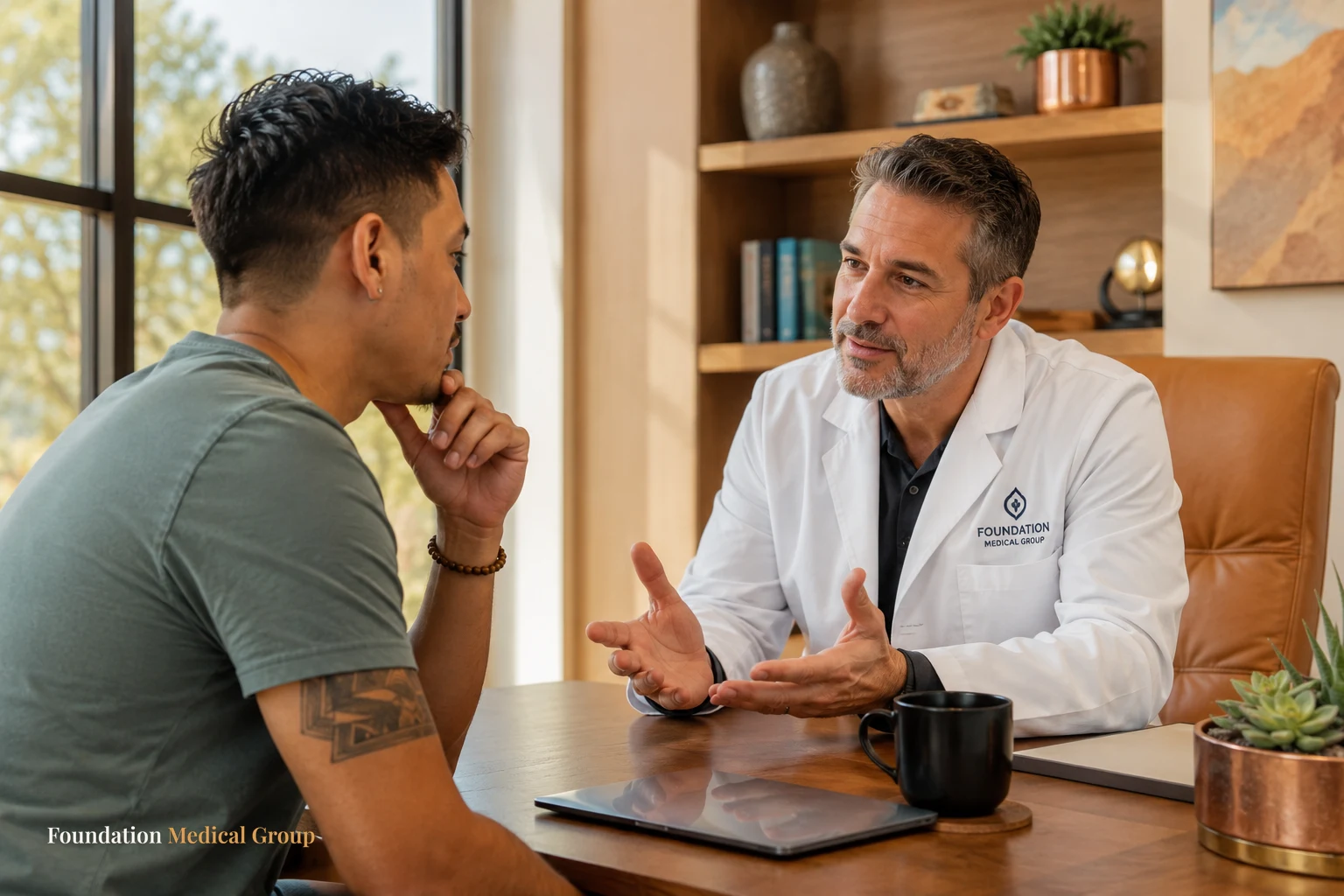 A doctor leans in warmly, guiding a thoughtful patient through a decision with open hands in a bright, welcoming office 