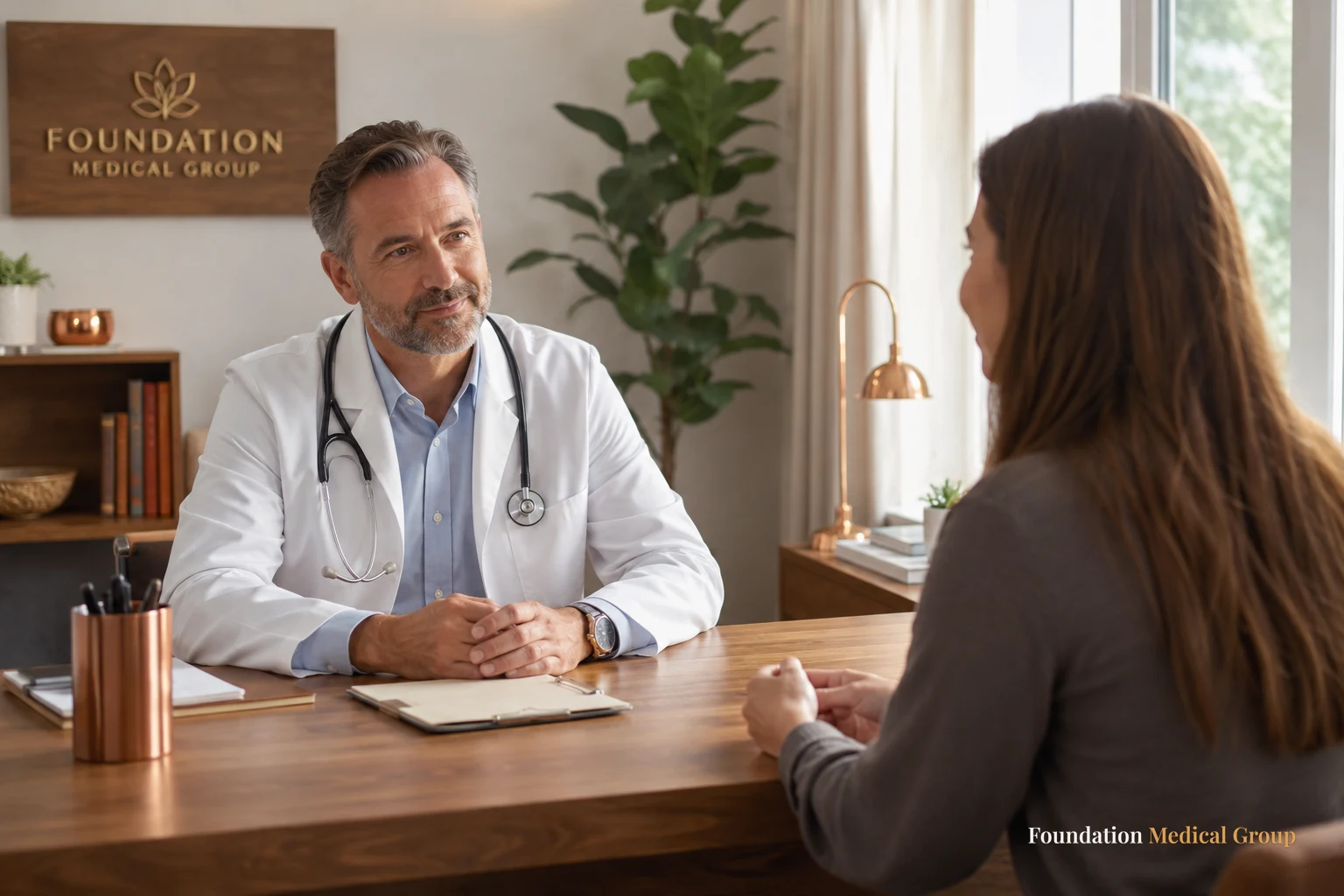 A caring physician nods reassuringly while listening to a patient share concerns across a warm wood desk in a calm, sunl