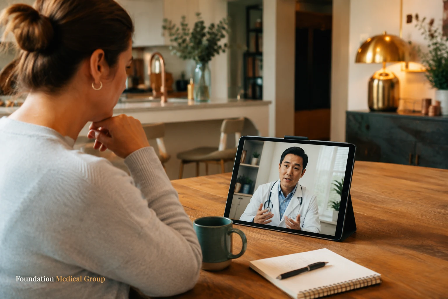 A calm patient sits at a cozy kitchen table on a tablet video call, a caring physician mid-explanation on the screen wit