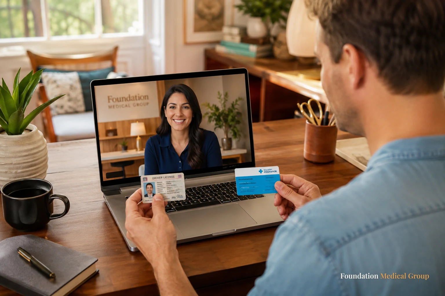 A patient at a sunlit desk holds an ID and insurance card toward a laptop camera while a friendly coordinator smiles rea