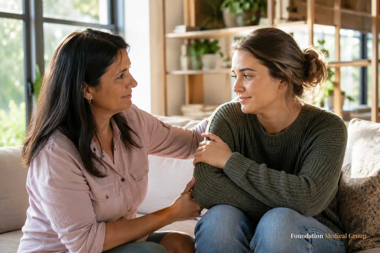 A gentle family member sits close beside a patient in a cozy, sunlit living room, listening with warmth and quiet encour