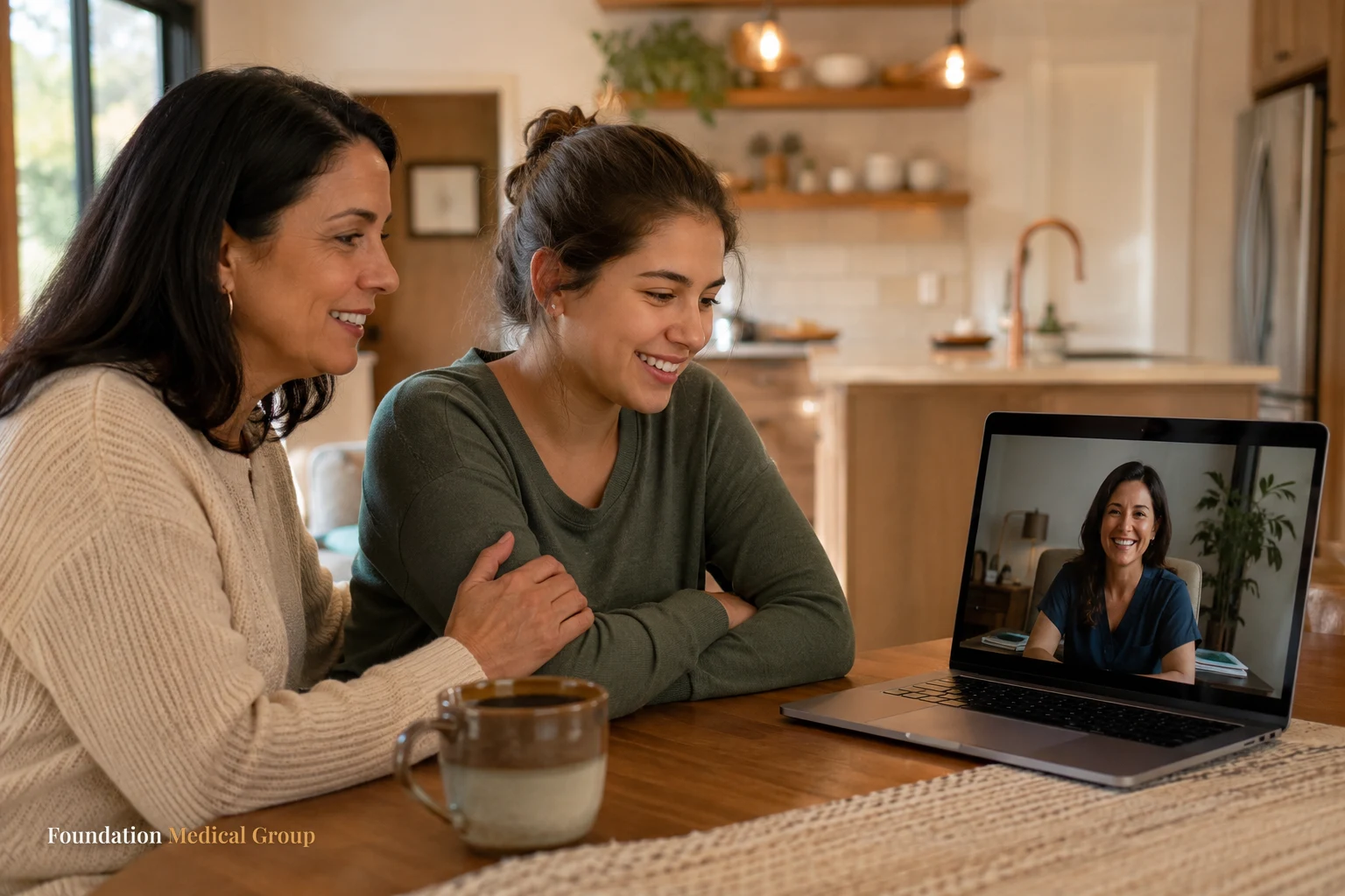 A patient and her supportive family member sit together at a bright kitchen table with a laptop, a friendly clinic coord
