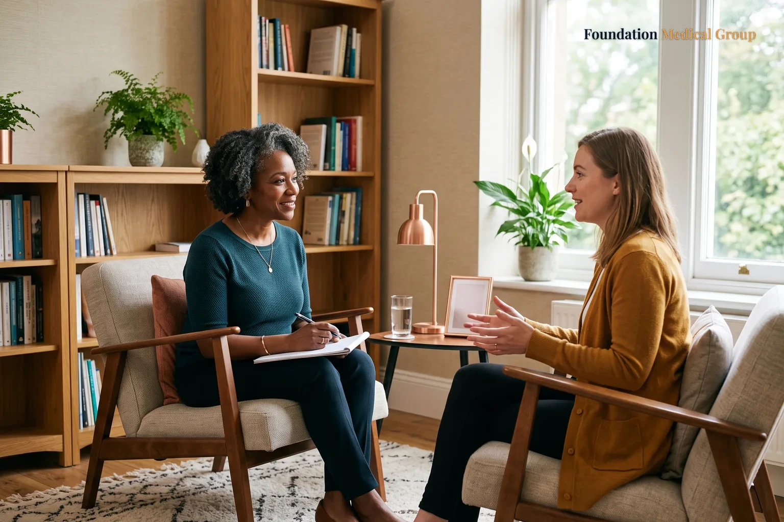 A doctor and patient talk.