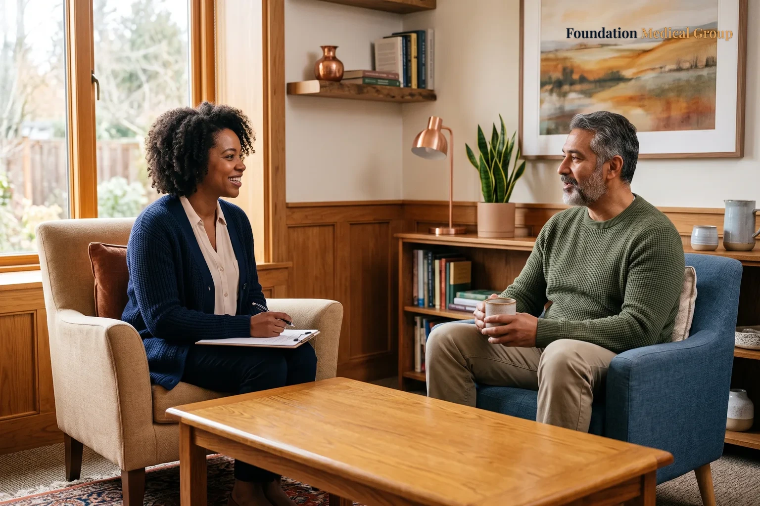 A doctor and patient talk.