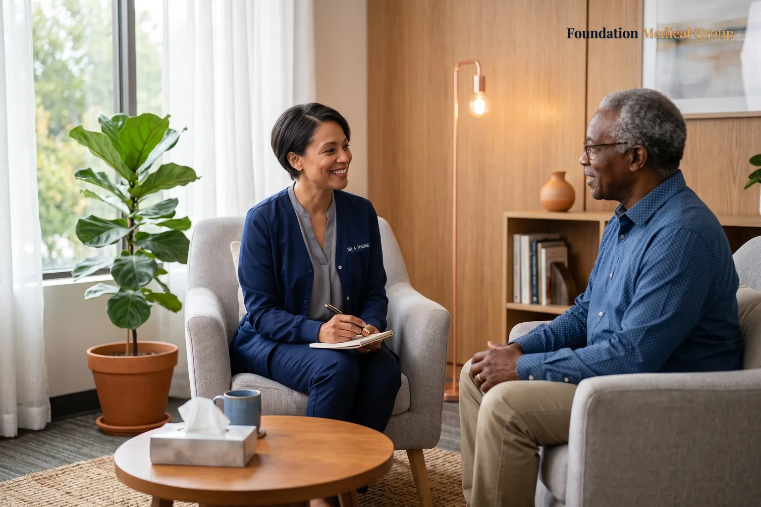 A doctor and patient talk.