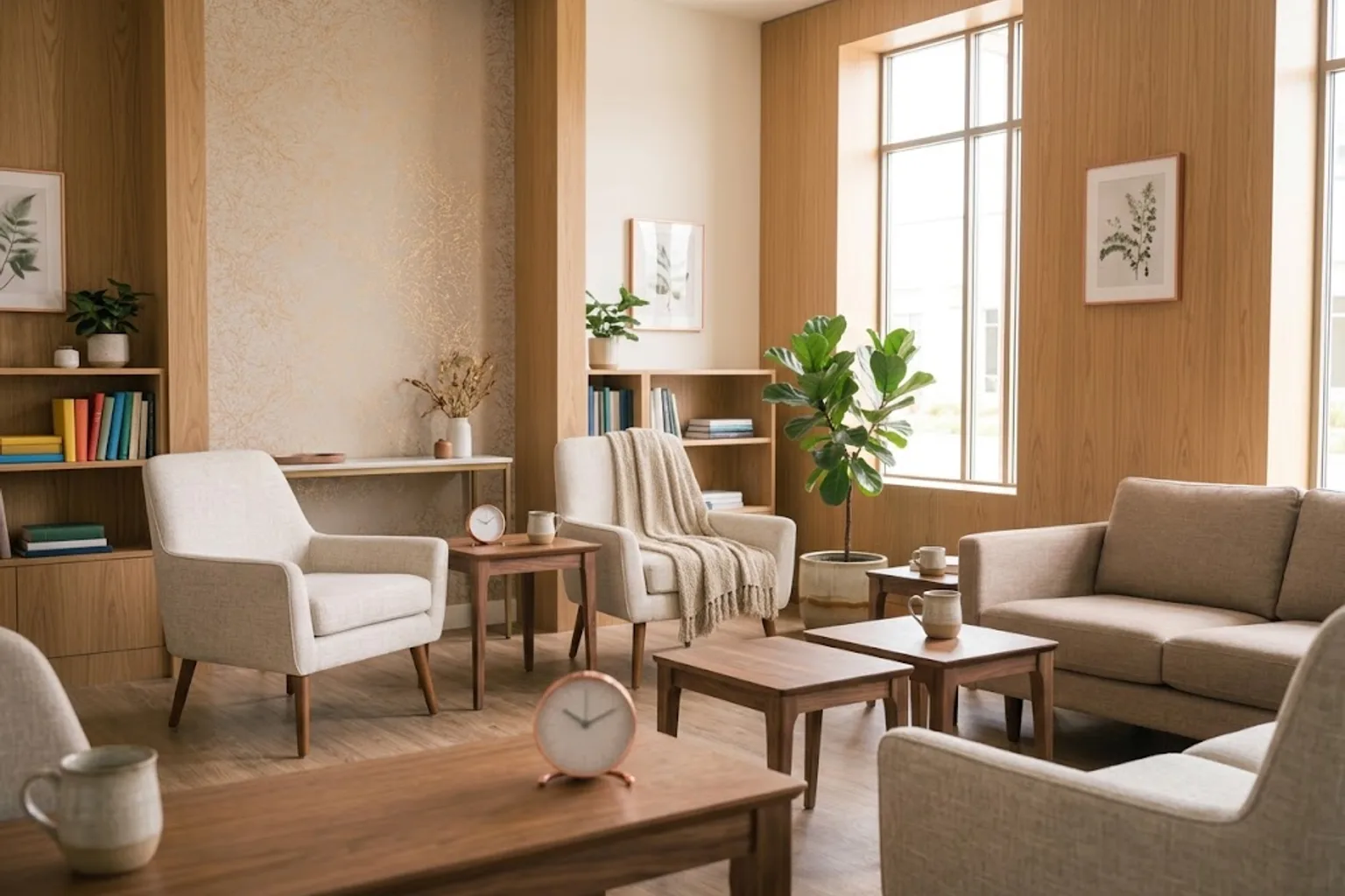 A welcoming, accessible clinic waiting area with comfortable seating and plants
