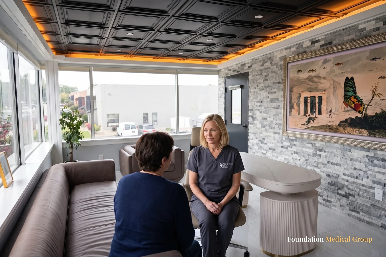 A clinician sitting with a patient in a quiet consultation room, the patient settled on a long brown sofa