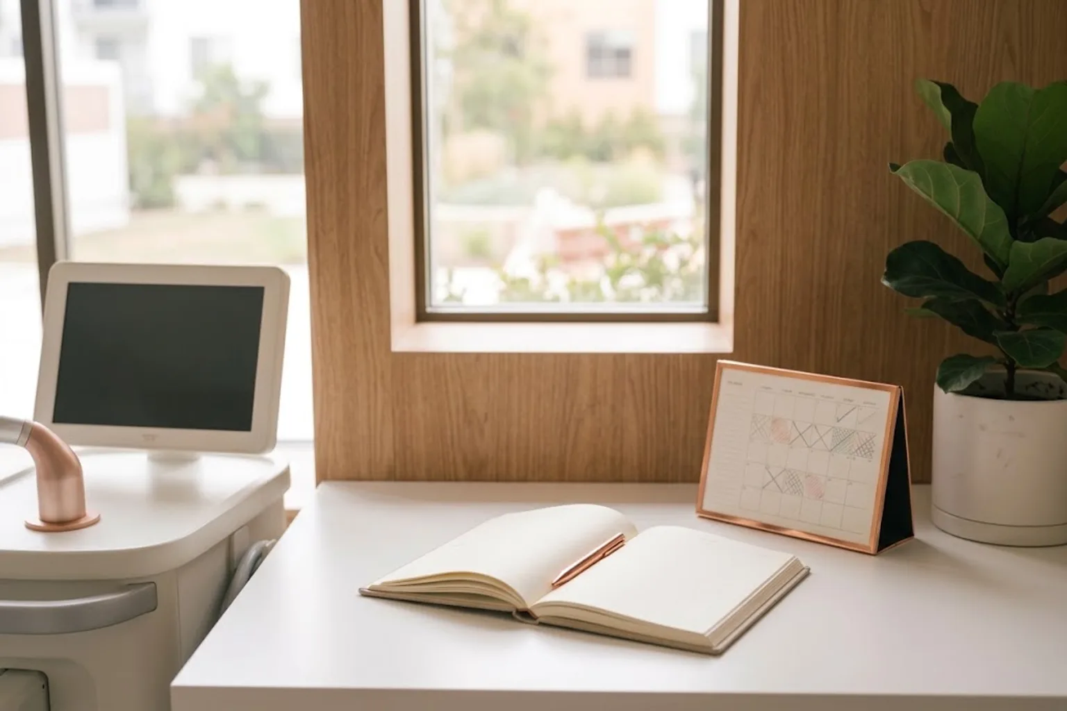 A planner and wall calendar on a desk representing a multi-week TMS treatment schedule