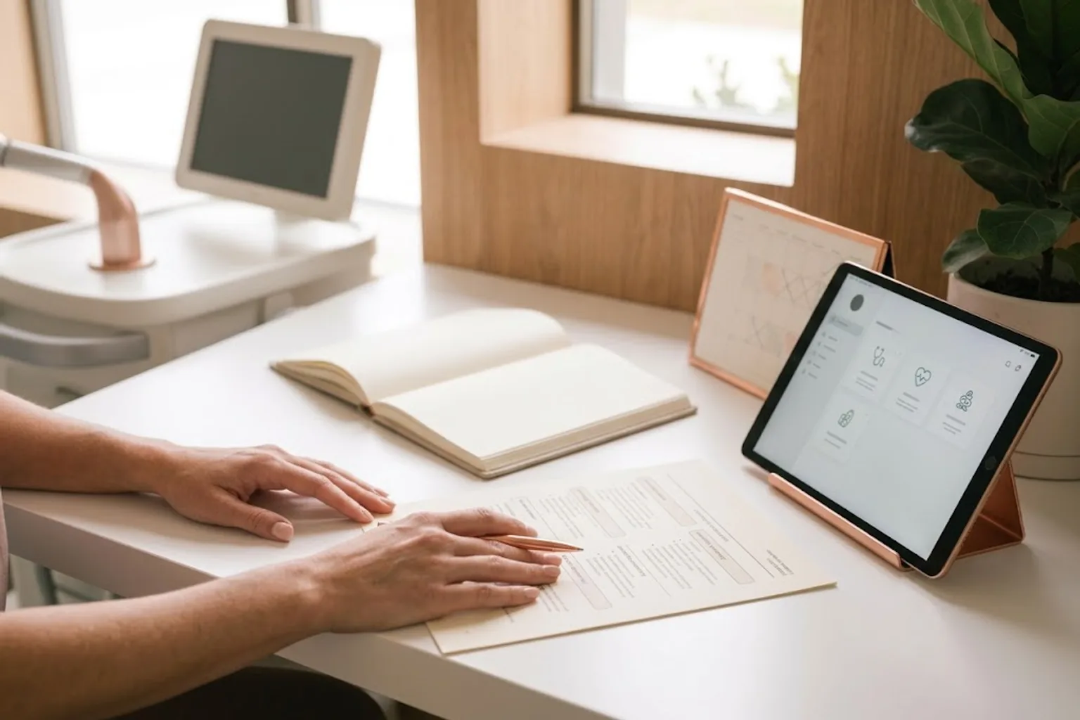 Hands reviewing an insurance benefits summary beside a tablet on a warm wood desk