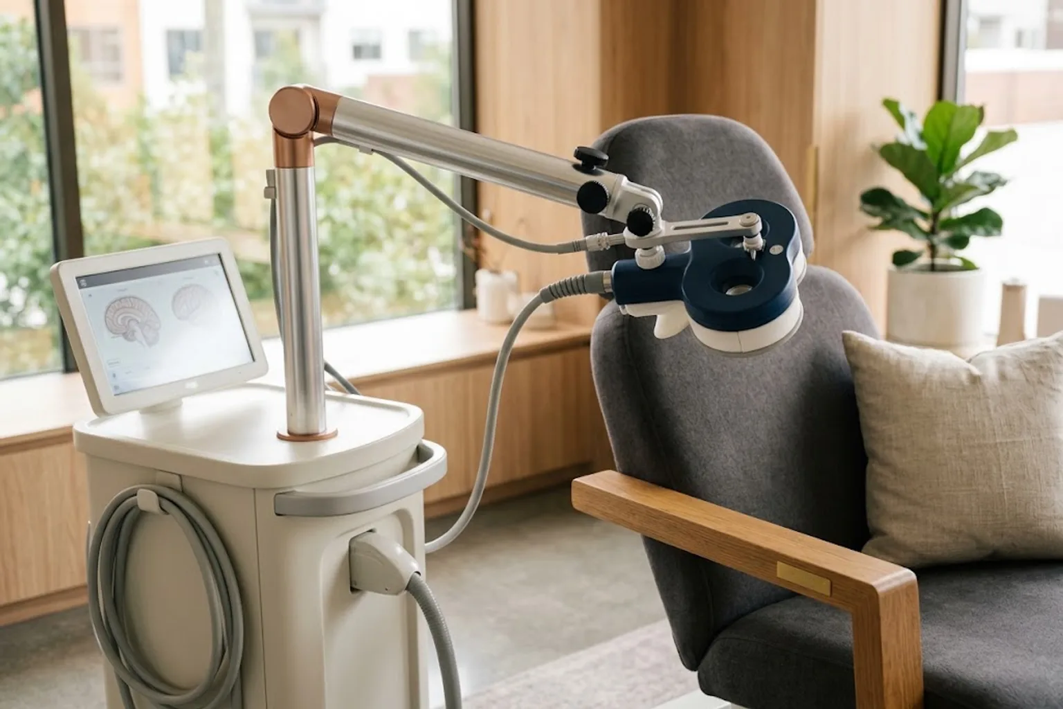 Close-up of a modern transcranial magnetic stimulation device coil beside a treatment chair in a bright clinic