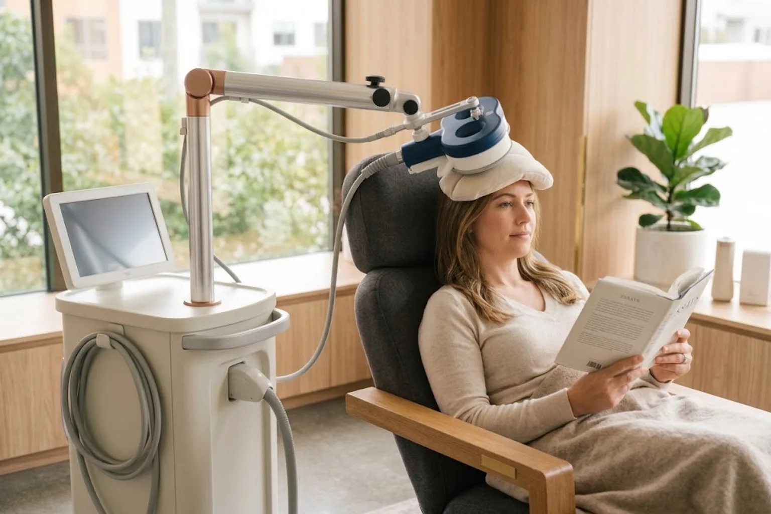 Calm patient relaxing and reading during a TMS session in a reclining chair by a sunlit window