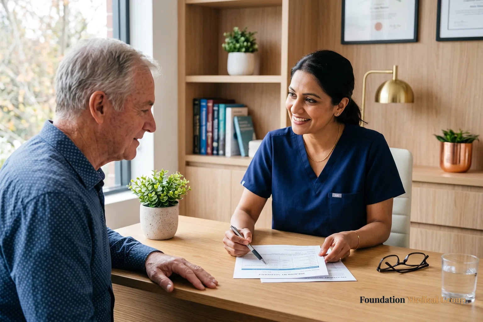 A doctor and patient talk.