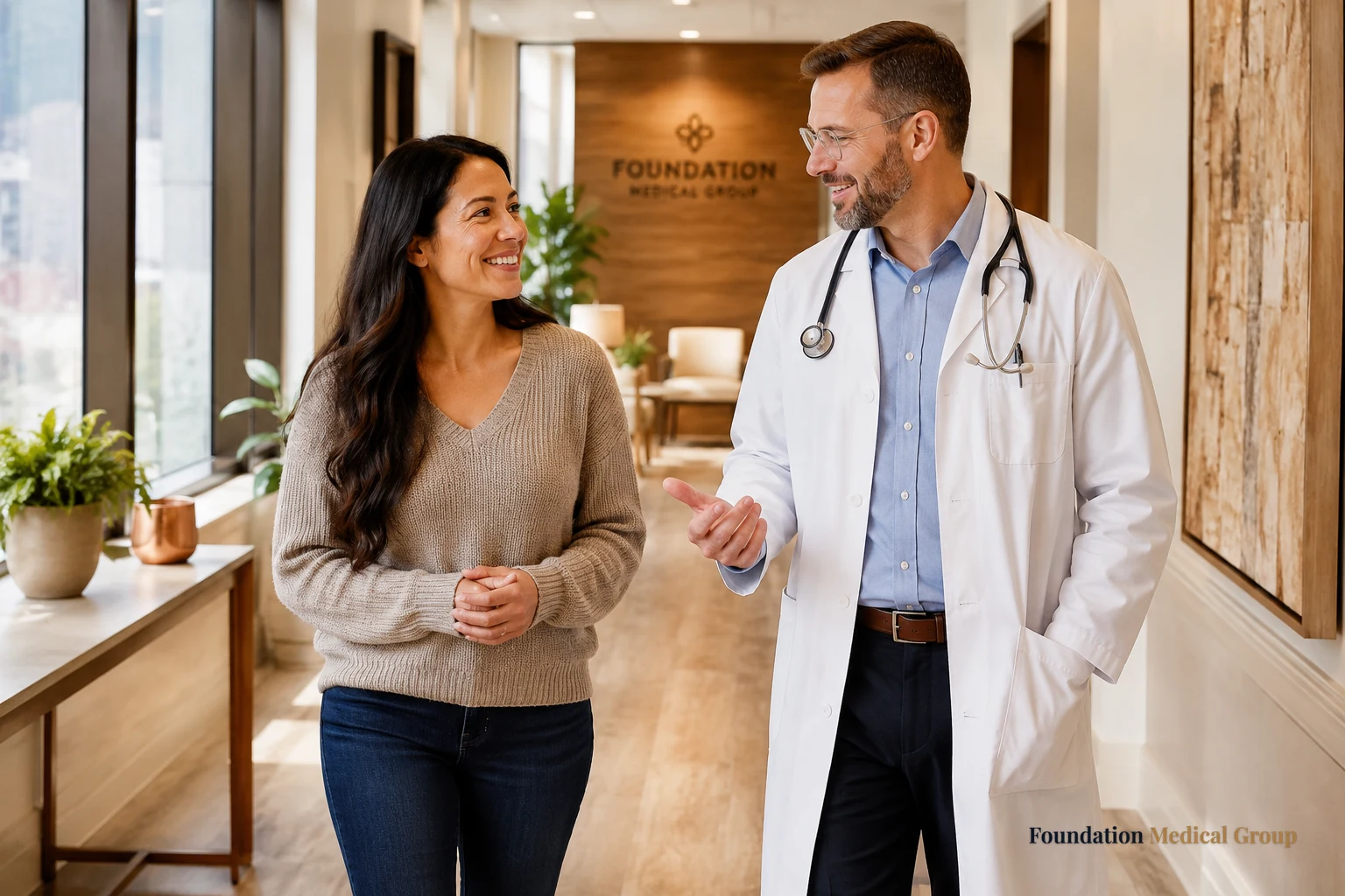 A physician and a hopeful patient walk together through a bright, welcoming clinic hallway with warm wood accents and so