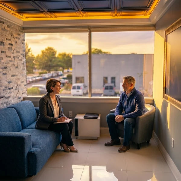 Quiet therapy room with soft lighting and comfortable seating