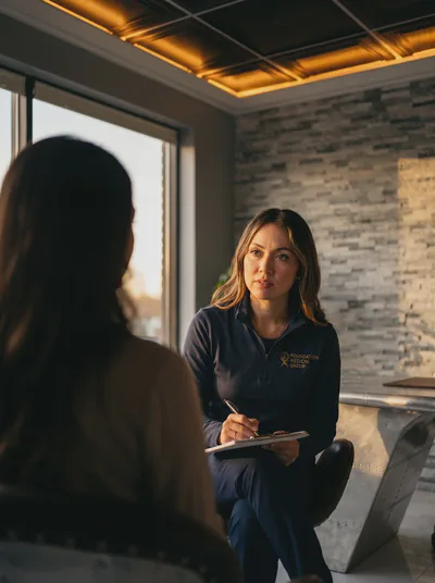 Clinician taking notes while a patient speaks in a warm, plant-filled therapy room