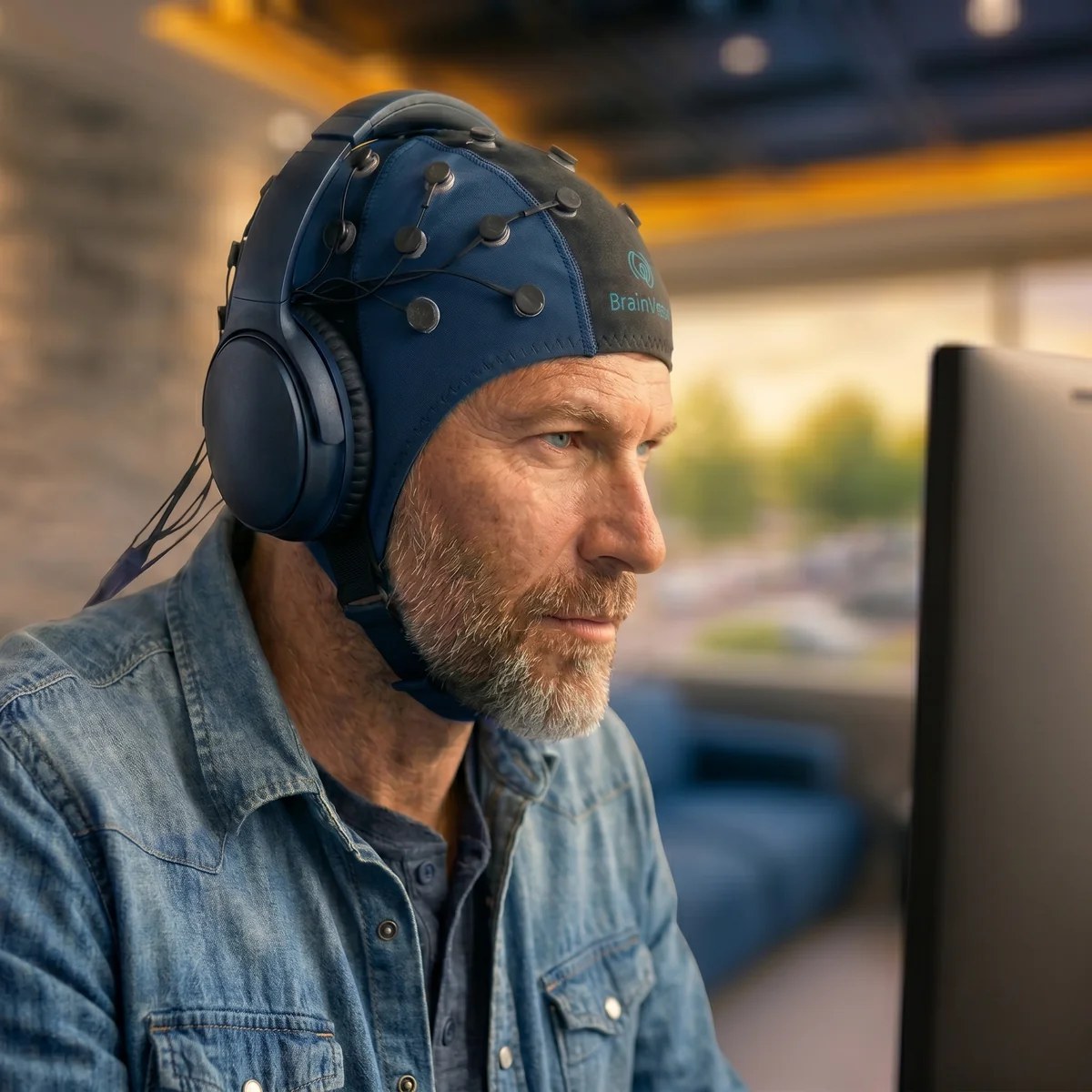 Patient wearing a qEEG sensor cap during a brain mapping session